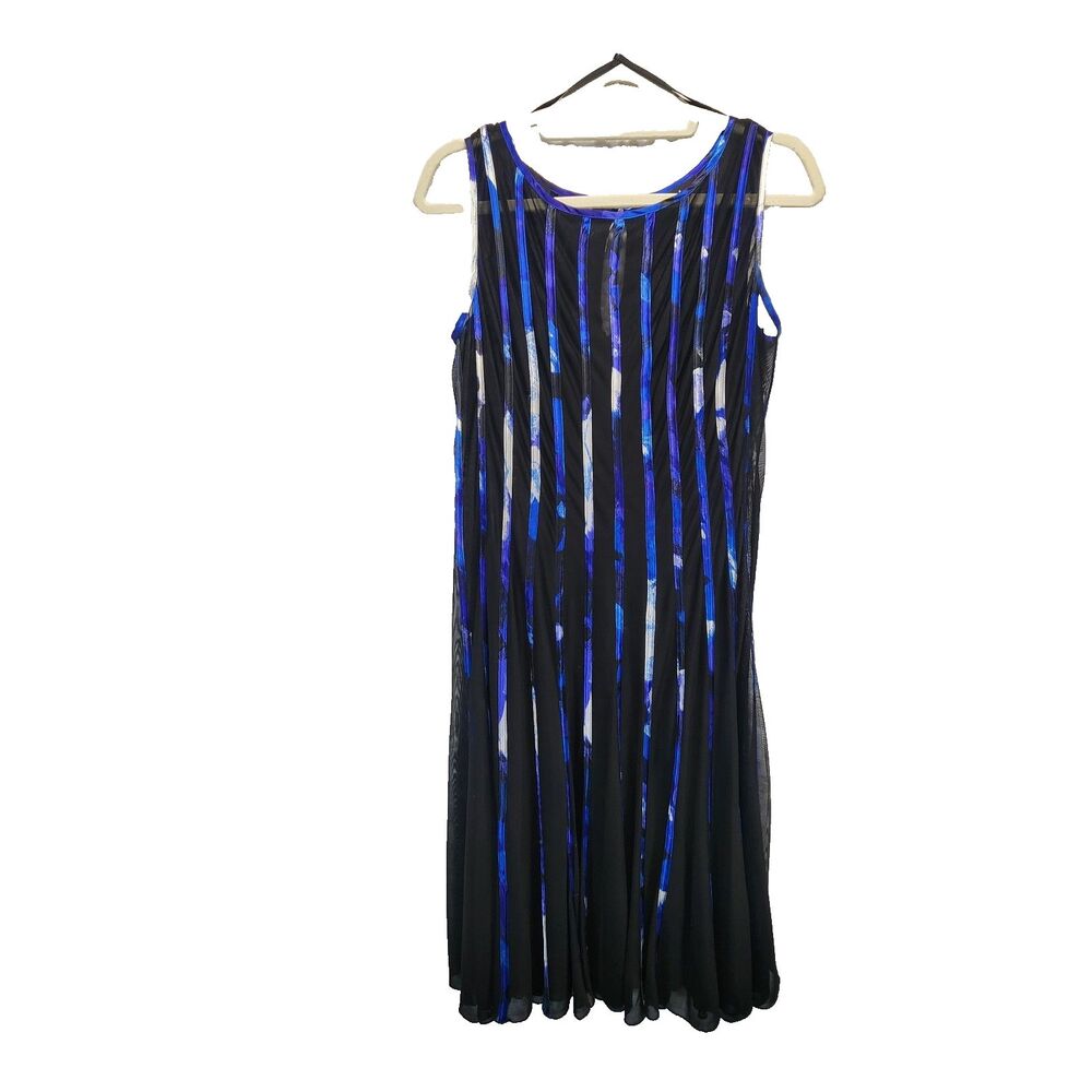 Mesh Blue Black Sheer Godets Striped Overlay Shift Party Dress Size 8